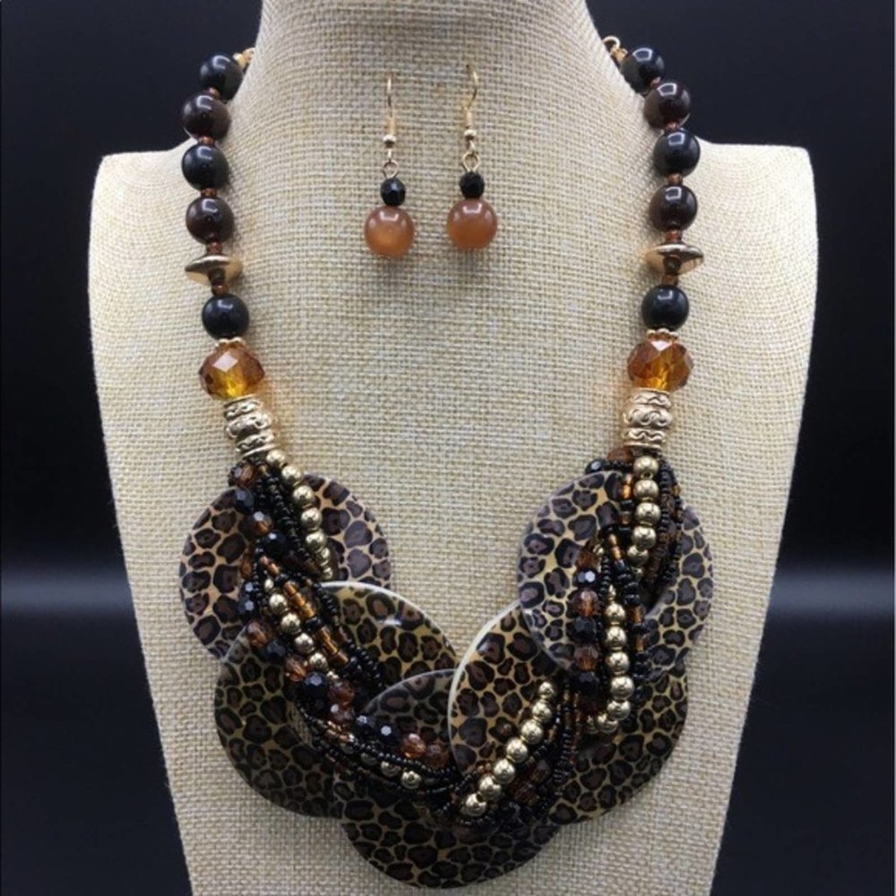 Necklace Set Brown Leopard Print